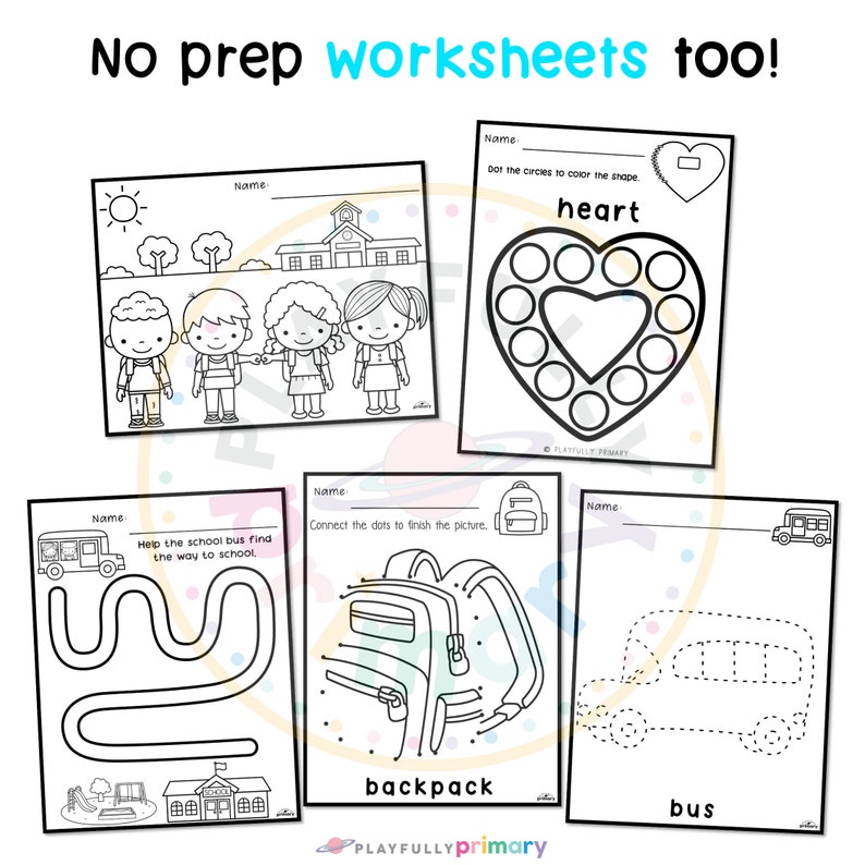 May include: Black and white printable worksheets for kids. The worksheets feature a school bus, a backpack, a heart, and a school building. The worksheets are designed to help children learn about school and transportation.