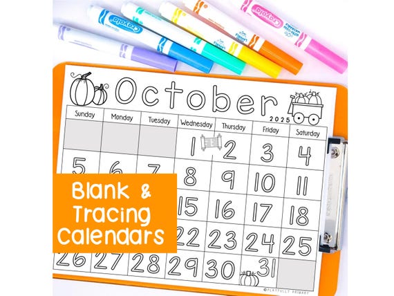 October Calendar 2026 Printable Calendar Tracing Worksheets, Kindergarten Preschool Calendar Traceable, Blank Calendar Template October 2025