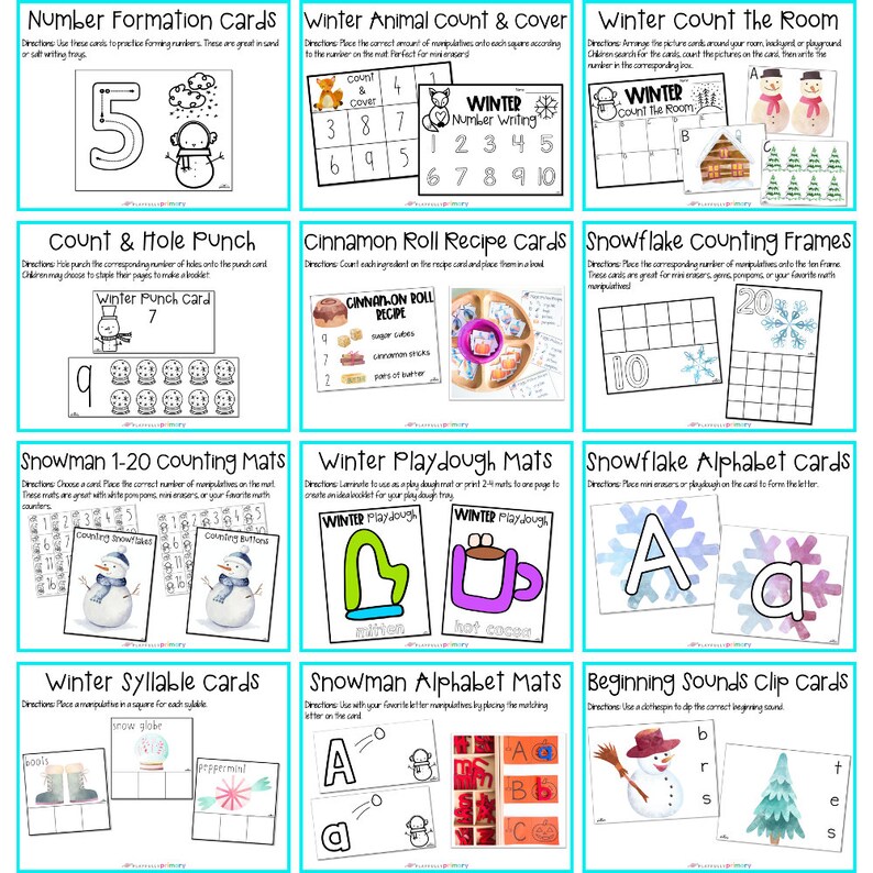 May include: A collection of printable educational activity cards for children featuring winter themes. The cards include activities such as number formation, counting, and letter recognition. The cards feature images of snowmen, snowflakes, and winter animals. The cards are designed to be used with manipulatives, such as pom-poms, buttons, or playdough. The cards are colorful and engaging, and they are a great way to help children learn and grow.