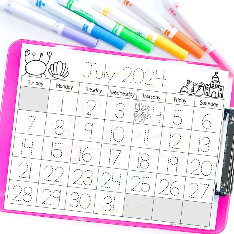 July Calendar 2024 Printable Calendar Tracing Worksheets Etsy