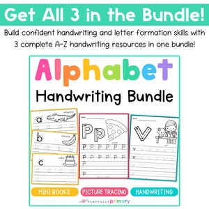 Alphabet handwriting bundle with three complete A–Z resources including handwriting mini books, picture tracing worksheets, and uppercase and lowercase letter formation practice.