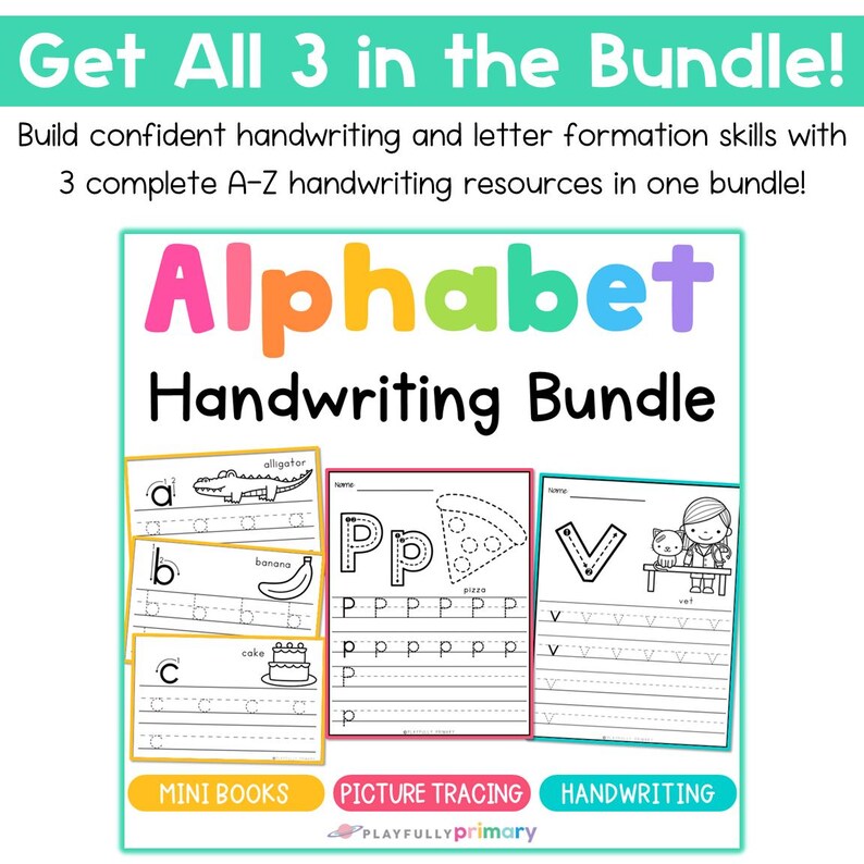 Alphabet handwriting bundle with three complete A–Z resources including handwriting mini books, picture tracing worksheets, and uppercase and lowercase letter formation practice.