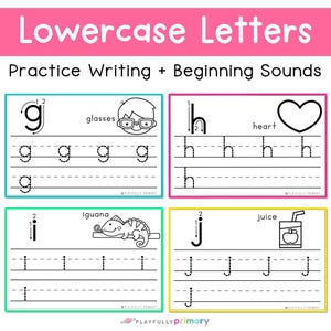 Lowercase letter handwriting practice pages with tracing, independent writing lines, and beginning sound picture vocabulary.