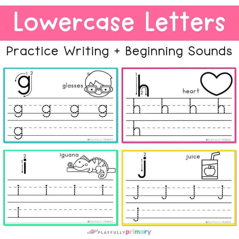 Lowercase letter handwriting practice pages with tracing, independent writing lines, and beginning sound picture vocabulary.