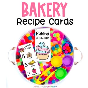 Centro de juego dramático de panadería, imprimibles para juegos de simulación de panadería, tarjetas de recetas para juegos de conteo sensorial de piezas sueltas para preescolares
