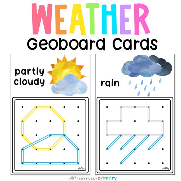 Tarjetas de geoboard imprimibles, plantillas de patrones de geoboard de tema meteorológico, estudio de unidad meteorológica de educación en el hogar imprimible, actividades meteorológicas Montessori