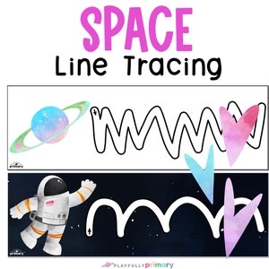 May include: A printable space-themed line tracing activity for kids. The worksheet features a black and white astronaut, a planet with rings, and hearts. The text "SPACE Line Tracing" is at the top of the page.