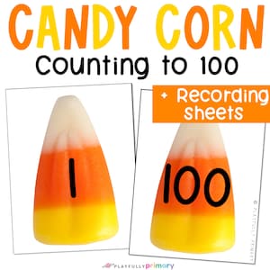 Puede incluir: Dos tarjetas imprimibles con maíz dulce con los números 1 y 100. Las tarjetas son parte de un conjunto para contar hasta 100. El texto "Candy Corn Counting to 100 + Recording Sheets" está en la parte superior de la imagen.