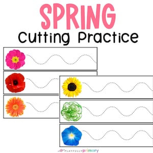 Könnte beinhalten: Frühlings-Schneideübungsblatt mit fünf verschiedenen Blumen: rosa, rot, orange, grün und blau. Jede Blume befindet sich über einer gepunkteten Linie, die über die Seite verläuft.