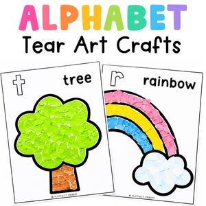 Alphabet Tear Art Crafts showing completed tree and rainbow paper tearing activities for preschool, pre-K, and kindergarten letter-of-the-week fine motor practice.