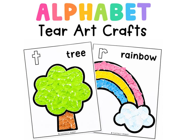 Alphabet Tear Art Crafts showing completed tree and rainbow paper tearing activities for preschool, pre-K, and kindergarten letter-of-the-week fine motor practice.