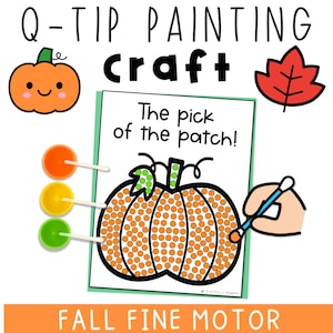 Fall Q-tip Painting Craft - Fine Motor Art for Preschool and Kindergarten, Apple Pumpkin Leaf Bulletin Board Activity, Autumn Printable Fun