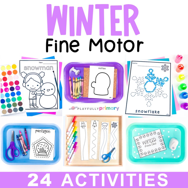 May include: A collection of winter-themed fine motor activities for children. The image features various trays with coloring pages, crayons, scissors, and other craft supplies. Text includes "WINTER Fine Motor" and "24 ACTIVITIES".