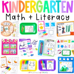 Puede incluir: Una colección de bandejas coloridas con diversas actividades educativas para estudiantes de kindergarten. Las bandejas incluyen actividades de matemáticas y alfabetización como contar, formas, letras y palabras. Las bandejas están etiquetadas con las palabras "Kindergarten Math + Literacy".