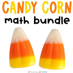 Könnte beinhalten: Zwei Candy Corn-Süßigkeiten mit weißen, orangefarbenen und gelben Schichten. Der Text "CANDY CORN math bundle" steht in Orange und Schwarz über den Süßigkeiten. Das Bild hat einen weißen Hintergrund.