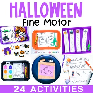 May include: A colorful image showcasing Halloween-themed fine motor activities. The image includes various trays with cut-out shapes, drawing exercises, and counting cards. The text "HALLOWEEN Fine Motor" and "24 ACTIVITIES" are visible.