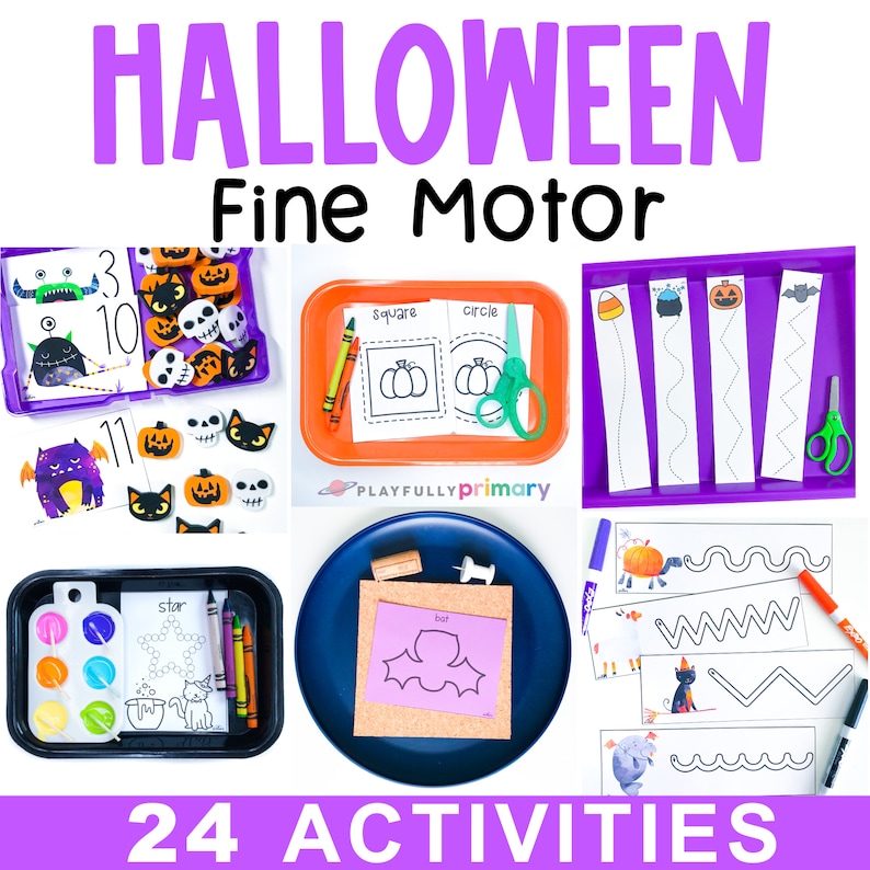 May include: A colorful image showcasing Halloween-themed fine motor activities. The image includes various trays with cut-out shapes, drawing exercises, and counting cards. The text "HALLOWEEN Fine Motor" and "24 ACTIVITIES" are visible.