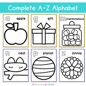 Complete A–Z Alphabet Tear Art collection with letter and beginning sound craft pages including apple, gift, marshmallows, nest, planet, and zinnia.