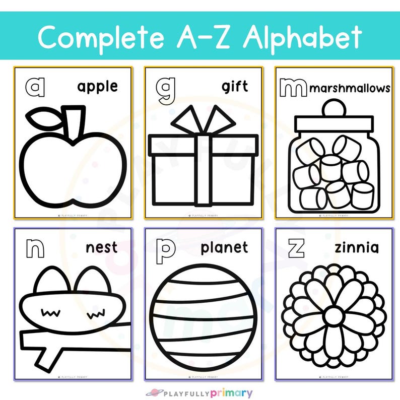 Complete A–Z Alphabet Tear Art collection with letter and beginning sound craft pages including apple, gift, marshmallows, nest, planet, and zinnia.