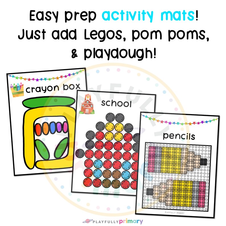 May include: Three printable activity mats for kids. Each mat features a different school-themed image: a crayon box, a school building, and a pencil. The mats are designed to be used with Legos, pom poms, or playdough.
