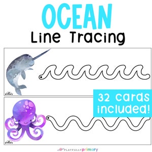Op de afbeelding: Oceaan-lijntrace-activiteit met 32 kaarten. De kaarten bevatten een narwal en een octopus met golvende lijnen om te traceren.