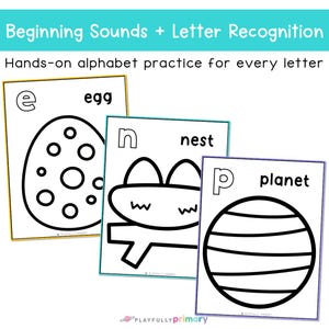 Alphabet tear art printables for beginning sounds and letter recognition featuring letter E egg, N nest, and P planet craft pages for preschool and kindergarten.