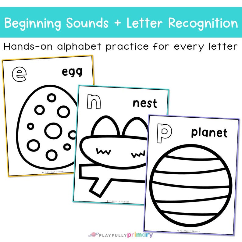 Alphabet tear art printables for beginning sounds and letter recognition featuring letter E egg, N nest, and P planet craft pages for preschool and kindergarten.