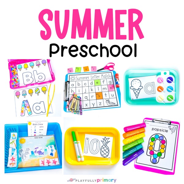 Summer Preschool Curriculum Unit Theme Activities, Summer Homeschool Printables Preschool Math Reading Writing Worksheets + PreK Centers