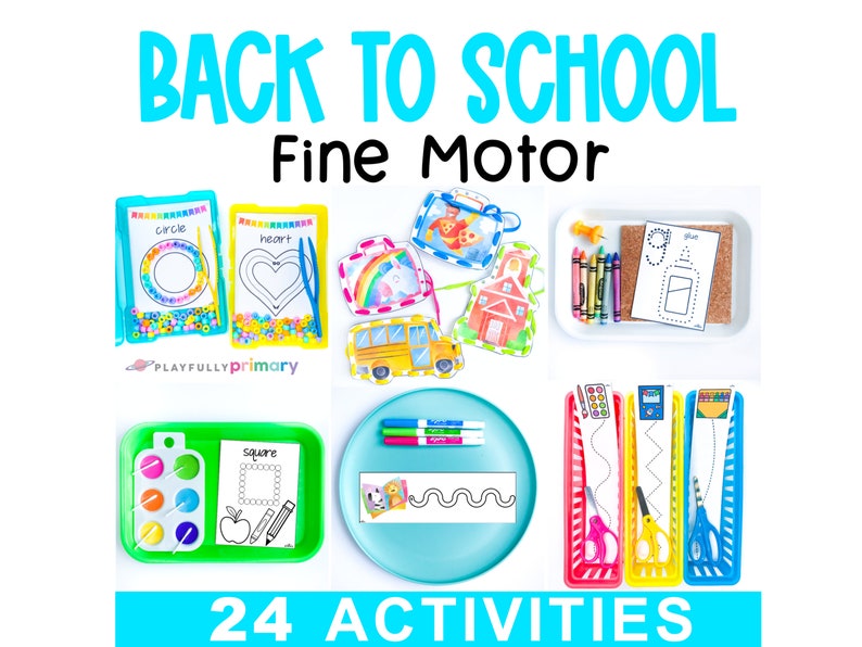 May include: Back to School Fine Motor Activities with 24 activities for preschool and kindergarten.  The activities include tracing, cutting, coloring, and beading.  The activities are organized in trays and include a variety of themes, such as school supplies, animals, and shapes.