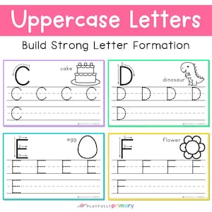 Uppercase alphabet handwriting pages with letter formation arrows, tracing lines, writing practice, and beginning sound pictures.
