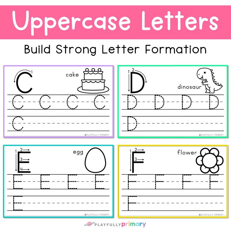 Uppercase alphabet handwriting pages with letter formation arrows, tracing lines, writing practice, and beginning sound pictures.