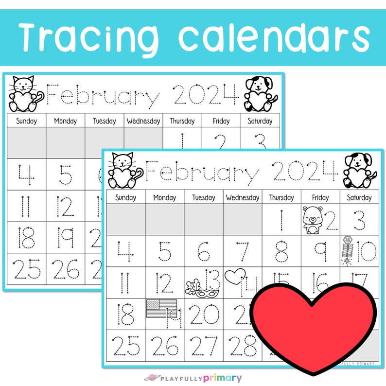February Calendar 2024 Printable Calendar Tracing Worksheet, Traceable