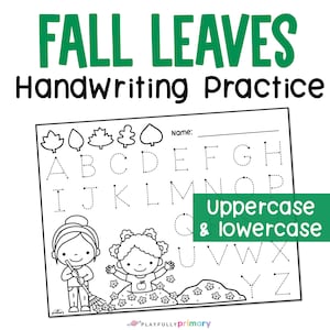 May include: Black and white printable worksheet with the text "FALL LEAVES Handwriting Practice". The worksheet features dotted lines for tracing uppercase and lowercase letters of the alphabet. There are also illustrations of leaves and two children raking leaves.