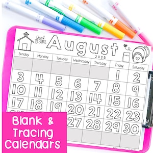 August 2025 Calendar Printable, Kindergarten Calendar Tracing Worksheets, Homeschool + Montessori Calendar Printable, Traceable Calendar