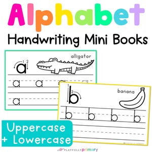 Printable alphabet handwriting practice mini books for preschool and pre-K with uppercase and lowercase letter tracing and writing practice.