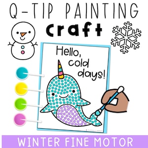 Winter Q-tip Painting Craft - Preschool Fine Motor Art, Snowflake Bulletin Board Activity, Pre-K Kindergarten Holiday Classroom Printable