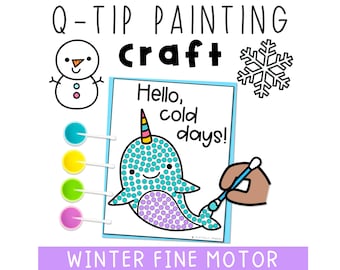 Winter Q-tip Painting Craft - Preschool Fine Motor Art, Snowflake Bulletin Board Activity, Pre-K Kindergarten Holiday Classroom Printable