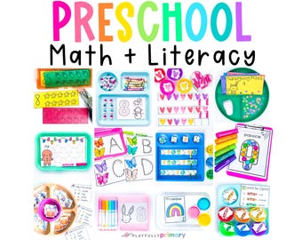 Paquete de actividades para centros de aprendizaje preescolar / Matemáticas y lectoescritura / Material imprimible sobre sonidos iniciales, reconocimiento de letras y sentido numérico