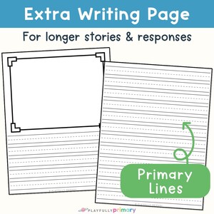 First grade writing paper with a coordinating extra lined page for longer stories and written responses using smaller primary handwriting lines.