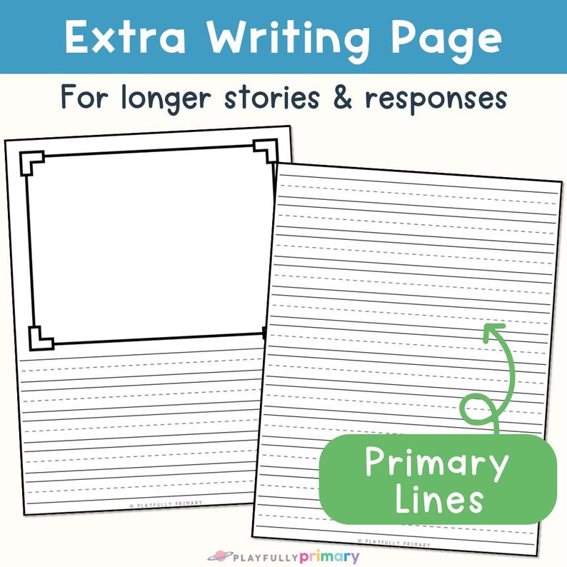 First grade writing paper with a coordinating extra lined page for longer stories and written responses using smaller primary handwriting lines.