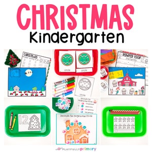 May include: A collection of Christmas-themed educational activities for kindergarten students. The activities include number writing, shape identification, counting, and decorating a gingerbread house.