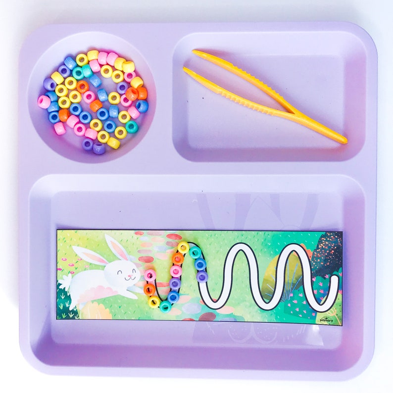 Easter line tracing Easter bunny tracing Easter tracing printables pony bead activities Montessori Easter fine motor activities for preschool prek kindergarten homeschool