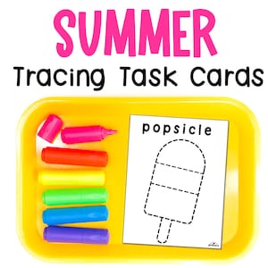 Op de afbeelding: Een gele plastic bak met een witte kaart waarop "popsicle" staat en een stippellijn tekening van een ijslolly. De bak bevat ook een set kleurpotloden.