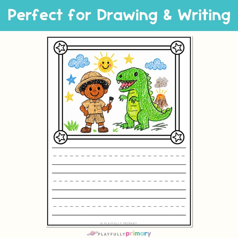 Printable preschool draw and write page with a picture box, large handwriting lines, and a child-style drawing of an archaeologist with a dinosaur.