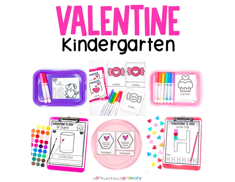 May include: Valentine's Day Kindergarten activities for kids. The image shows a pink tray with a cupcake, a purple tray with a dog, a pink tray with a hexagon, a pink clipboard with a letter H, and a pink clipboard with a cylinder. The trays and clipboards have markers and crayons for coloring.