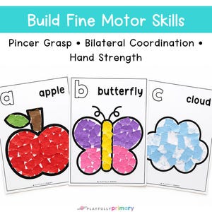 Alphabet tear paper crafts featuring completed apple, butterfly, and cloud activities for practicing pincer grasp, bilateral coordination, and hand strength.