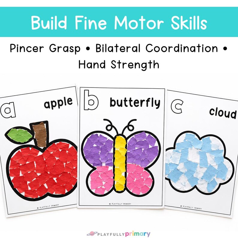 Alphabet tear paper crafts featuring completed apple, butterfly, and cloud activities for practicing pincer grasp, bilateral coordination, and hand strength.