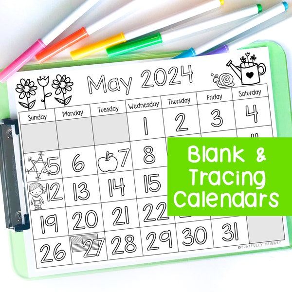 May Calendar 2024 Printable Calendar Tracing Worksheets, Kids Calendar Traceable Kindergarten Activities, Blank Calendar Template May 2024