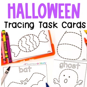 May include: Halloween tracing task cards featuring images of a candy, a bat, a ghost, and a cornucopia. The cards are black and white with dotted lines for tracing.