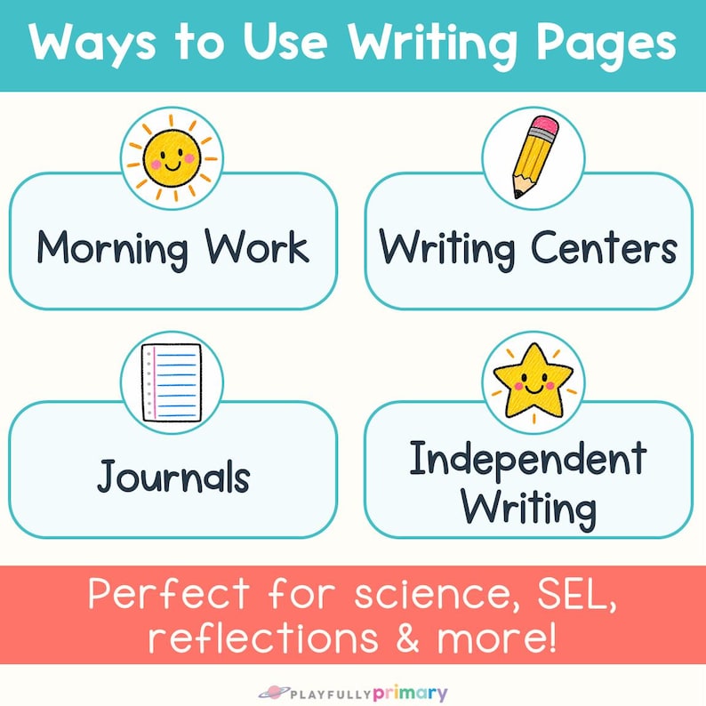 Preschool writing paper ideas for morning work, writing centers, journals, and independent writing, including science, SEL, and reflection activities.